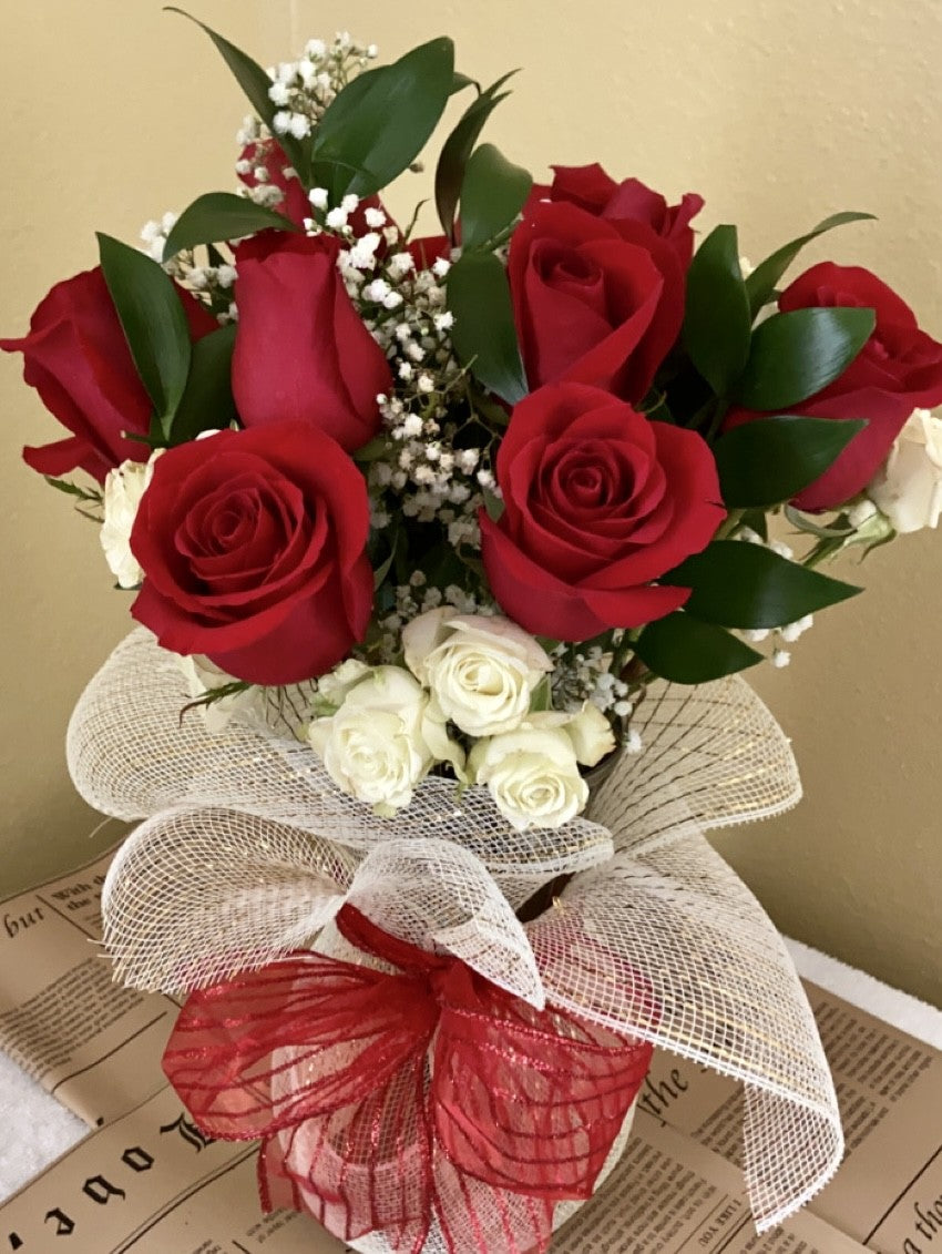 Dozen Roses with mini White Roses